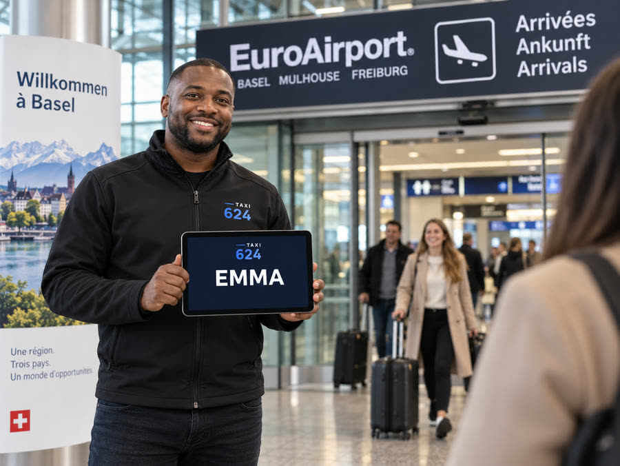 Chauffeur TAXI 624 dans le hall des arrivées de l'EuroAirport Bâle-Mulhouse-Freiburg, tablette au nom de la cliente — accueil aux arrivées, transfert aéroport vers Lausanne et le canton de Vaud