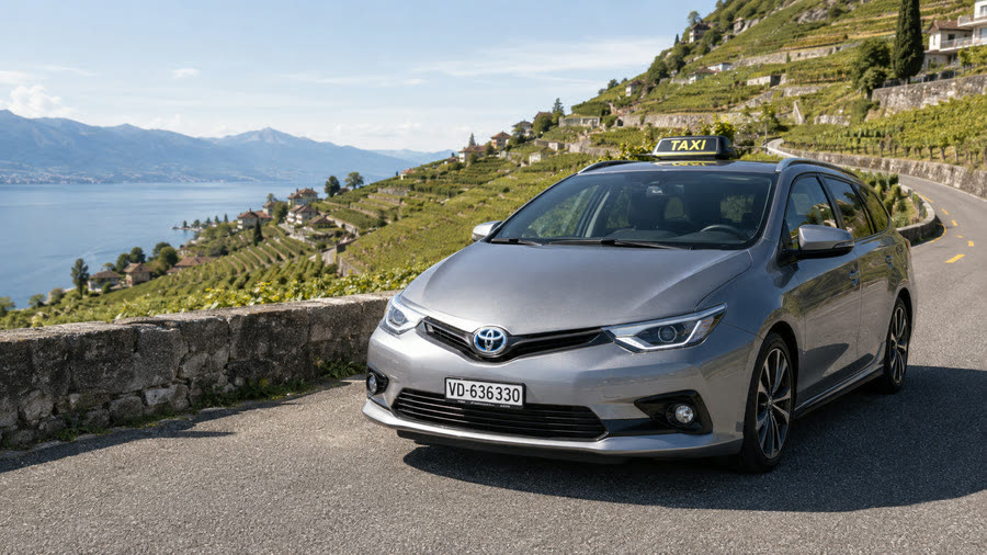 Taxi hybride Toyota Auris Touring TAXI 624 dans les vignobles en terrasses de Lavaux, Léman et Alpes — taxi Lutry, Cully, Chexbres
