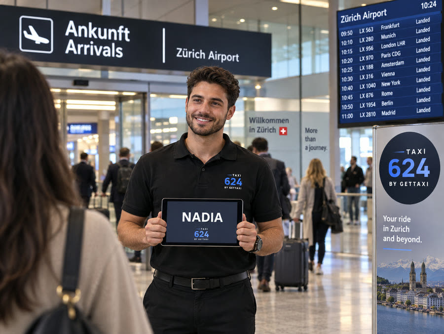 Chauffeur TAXI 624 dans le hall des arrivées de l'aéroport de Zurich, tablette au nom de la cliente devant le tableau des vols atterris — un chauffeur à votre nom, vol suivi, ce qu'une application ne fait pas
