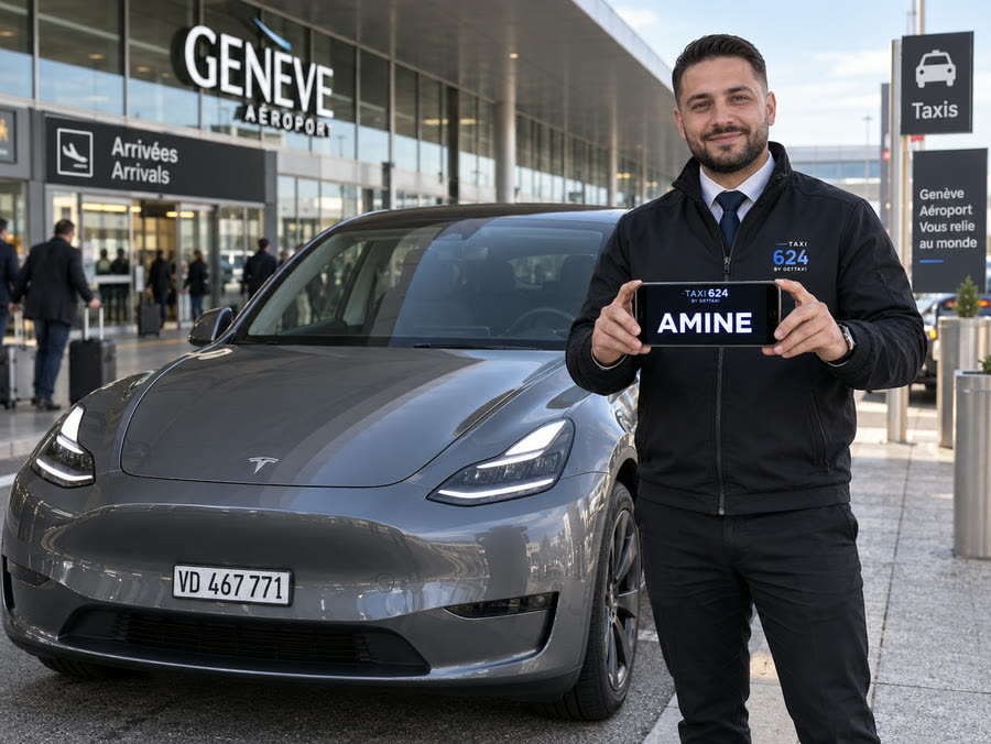 Chauffeur TAXI 624 et Tesla Model Y devant le terminal de Genève Aéroport, nom du client sur le téléphone — transfert privé depuis Genève Aéroport, prix fixe, chauffeur aux arrivées