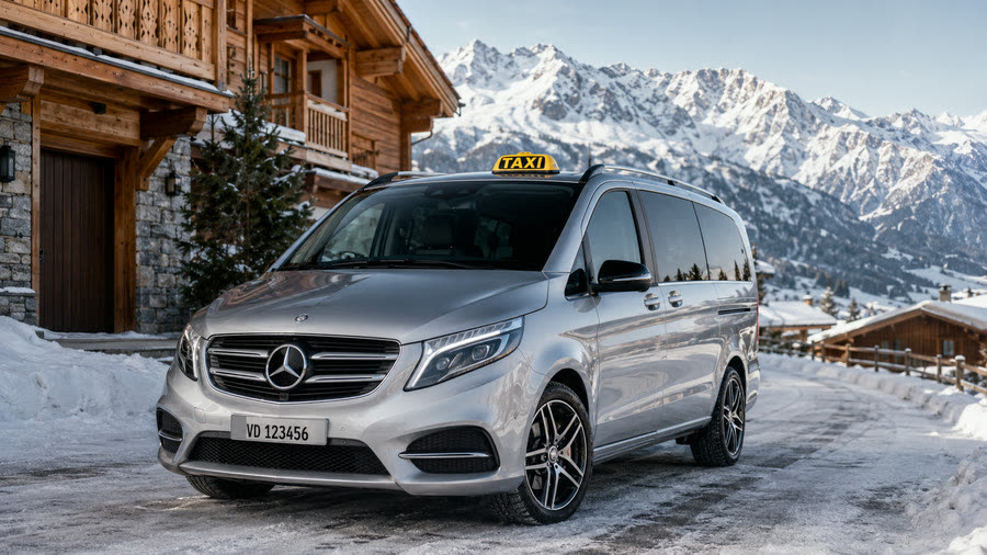 Taxi Mercedes Classe V devant un chalet, panorama des Alpes enneigées — transfert vers Crans-Montana et les stations du Valais