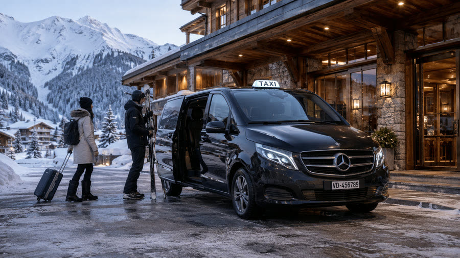 Skieurs chargeant leurs skis dans un taxi Mercedes Classe V devant un chalet-hôtel — skis et bagages compris dans le prix