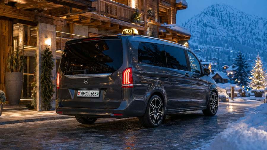 Taxi Mercedes Classe V devant l'entrée d'un hôtel de station la nuit, sapins et neige — retour de soirée en station