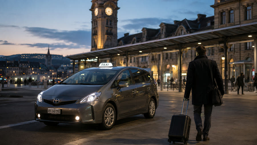 Taxi Toyota Prius+ TAXI 624 devant la gare de Lausanne au petit matin, voyageur avec valise — premiers et derniers trains