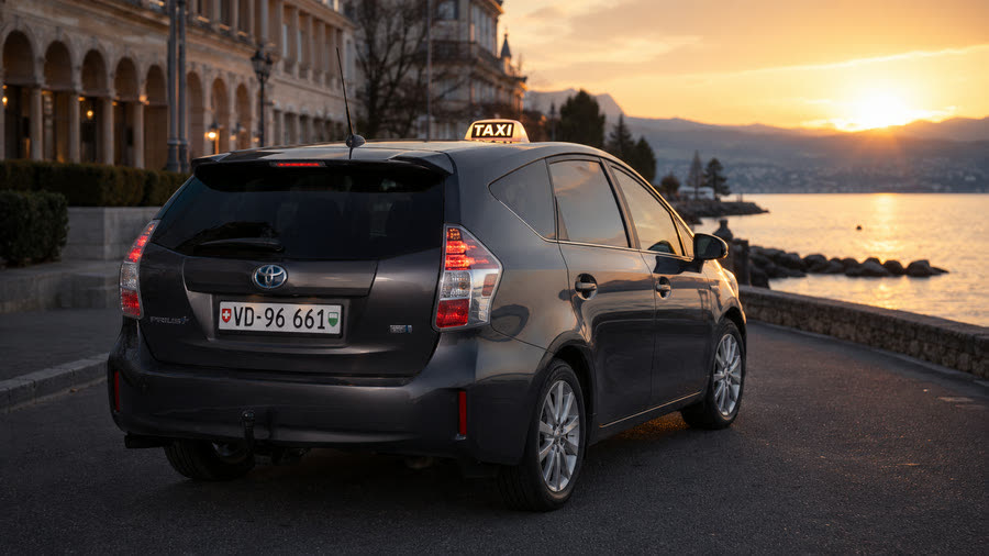 Taxi hybride Toyota Prius+ TAXI 624 au bord du Léman au coucher du soleil, quais de Lausanne-Ouchy — courses en ville jour et nuit