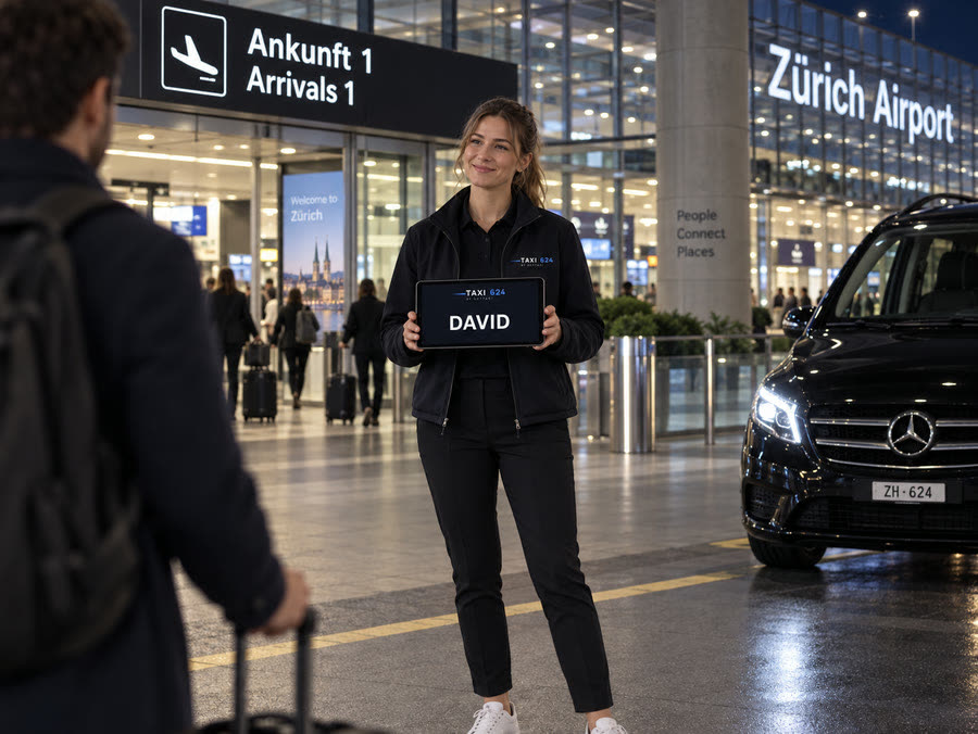 Chauffeuse TAXI 624 aux arrivées de l'aéroport de Zurich (Flughafen Zürich) avec une Mercedes Classe V, tablette au nom du client — taxi Zurich Aéroport–Lausanne, prix ferme longue distance
