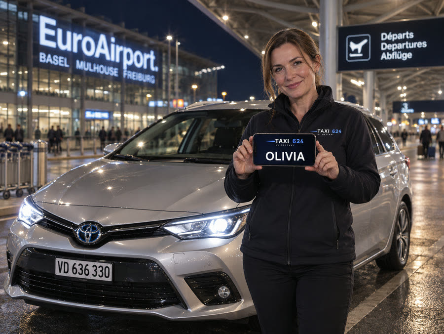 Chauffeuse TAXI 624 la nuit devant l'EuroAirport Bâle-Mulhouse avec une Toyota Auris hybride, nom de la cliente sur le téléphone — transfert aéroport de nuit, vol tardif suivi, prix ferme