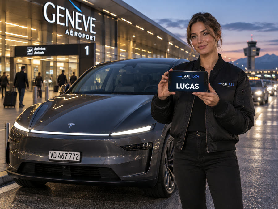 Chauffeuse TAXI 624 devant Genève Aéroport au crépuscule avec une Tesla Model Y, nom du client affiché sur le téléphone — taxi Lausanne–Genève Aéroport, dans les deux sens, prix ferme