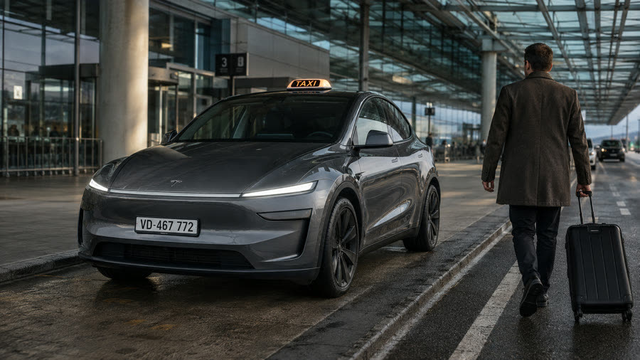 TAXI 624 Tesla Model Y taxi at the Geneva Airport terminal, traveller with a suitcase — pickup at arrivals