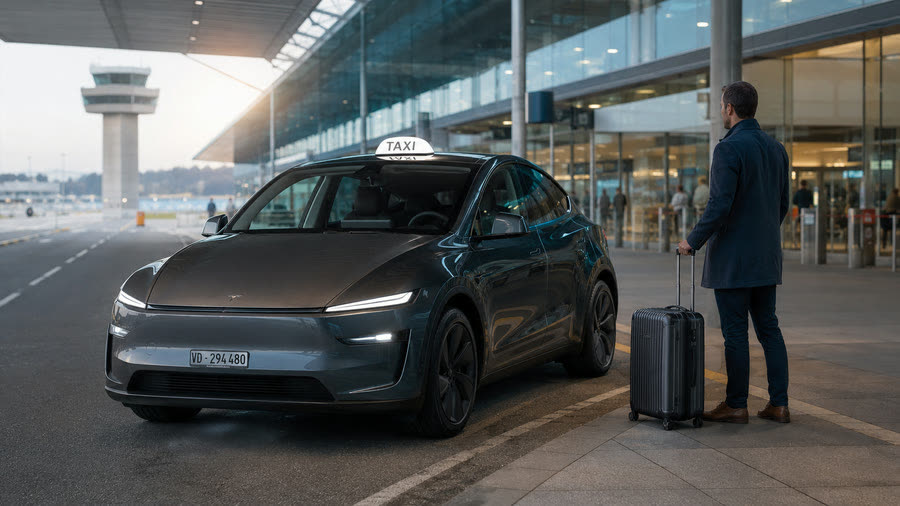 TAXI 624 Tesla Model Y taxi at the airport terminal, traveller with a suitcase and the control tower — airport transfer at a fixed price