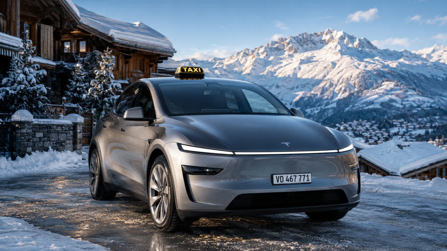 Taxi Tesla Model Y devant un chalet, Alpes enneigées et village de montagne — transfert ski électrique depuis Lausanne