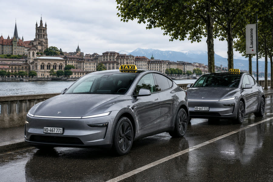 Deux taxis Tesla Model Y TAXI 624 sur les quais de Lausanne, cathédrale et Alpes — une flotte électrique moderne