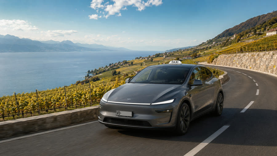 Taxi Tesla Model Y TAXI 624 sur la route de la Corniche de Lavaux, vignobles et Léman — de Lausanne à toute la Riviera