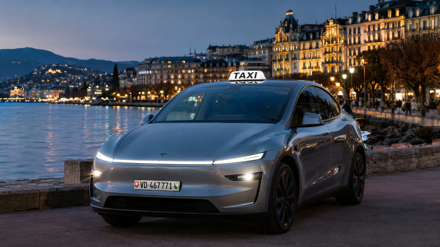 Taxi Tesla Model Y TAXI 624 sur la promenade de Montreux au crépuscule, palaces et Léman — taxi Lausanne–Montreux
