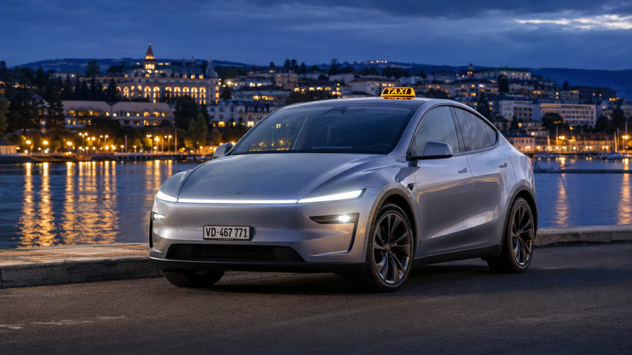 Taxi Tesla Model Y TAXI 624 sur les quais du Léman la nuit, lumières de la Riviera — taxi Lausanne–Montreux–Vevey