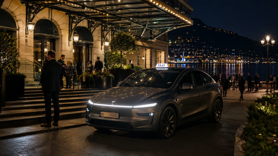 Taxi Tesla Model Y TAXI 624 devant un palace de la Riviera la nuit, marquise éclairée — taxi pour vos soirées et galas