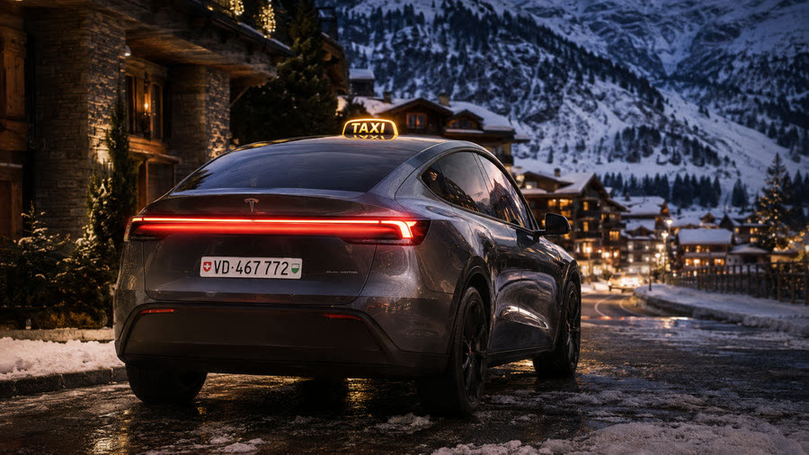 Taxi électrique Tesla Model Y TAXI 624 dans une station de ski illuminée à la tombée de la nuit — transfert ski en voiture électrique