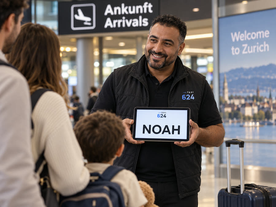 Famille accueillie par un chauffeur TAXI 624 aux arrivées de l'aéroport de Zurich, tablette à leur nom — transfert aéroport de Zurich → Grindelwald et Oberland bernois, skis et bagages compris