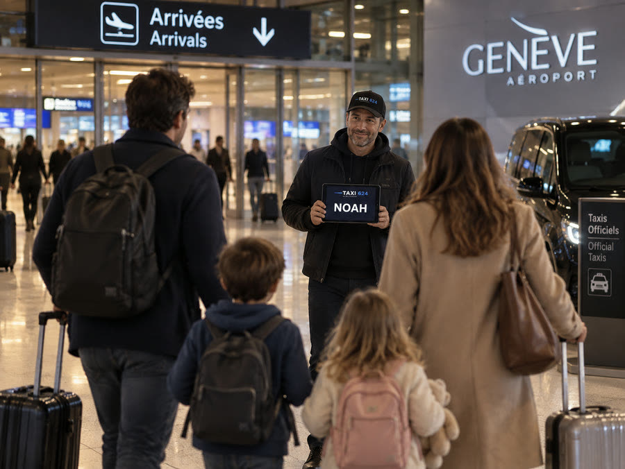 Famille avec enfants et valises accueillie par un chauffeur TAXI 624 aux arrivées de Genève Aéroport, tablette à leur nom — transfert Genève Aéroport → Verbier en famille, sièges enfants sur demande